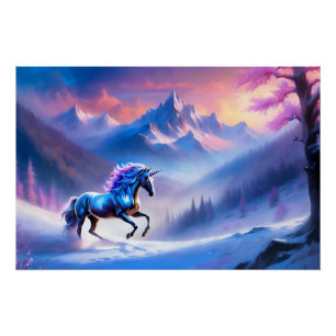 Poster Unicorne noire dans un paysage hivernal rêvé