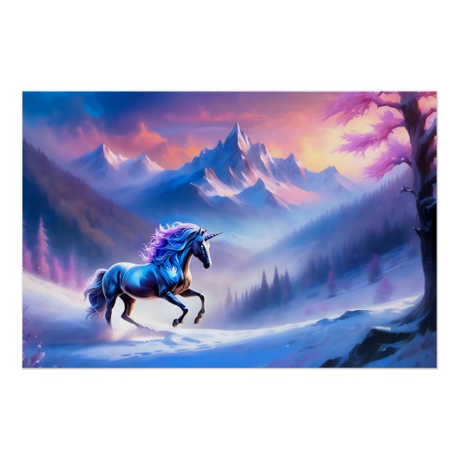 Poster Unicorne noire dans un paysage hivernal rêvé (Devant)