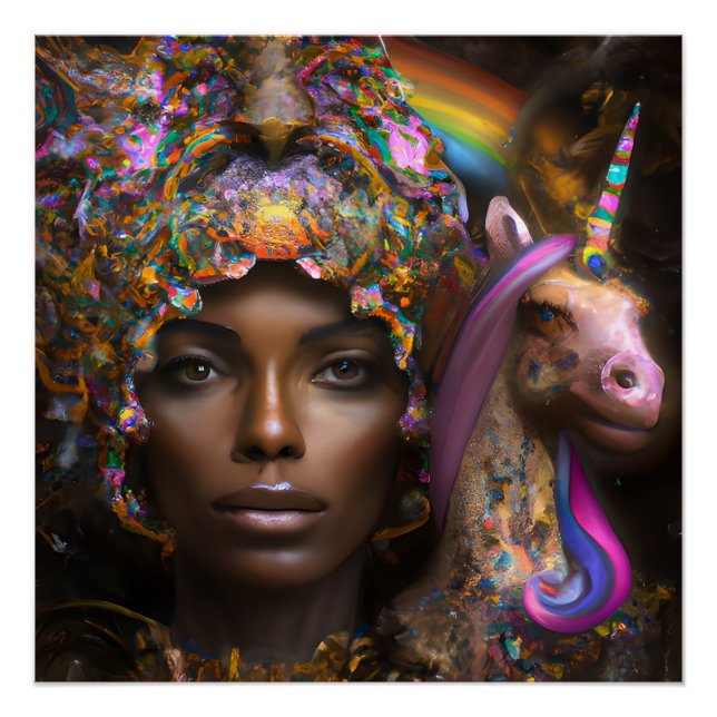 Poster Unicorne noire Melanin Unicornes Afro Queen Crown (Devant)