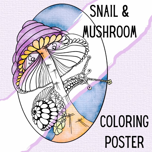 Poster unique pour adultes - Escargot et champigno (Snail & Mushroom Coloring Poster hand Illustrated by Suzy LeeLo. A unique large coloring page for u)