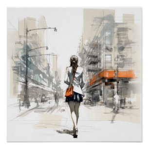 Poster Urban Sketch, Rendu 3D De La Femme Moderne