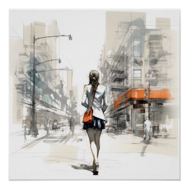 Poster Urban Sketch, Rendu 3D De La Femme Moderne (Devant)