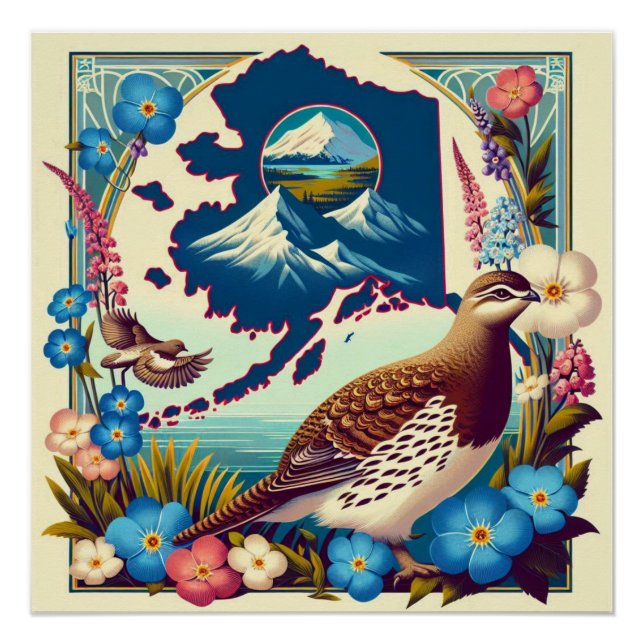 Poster US Alaska State Bird and Flower Design (Devant)