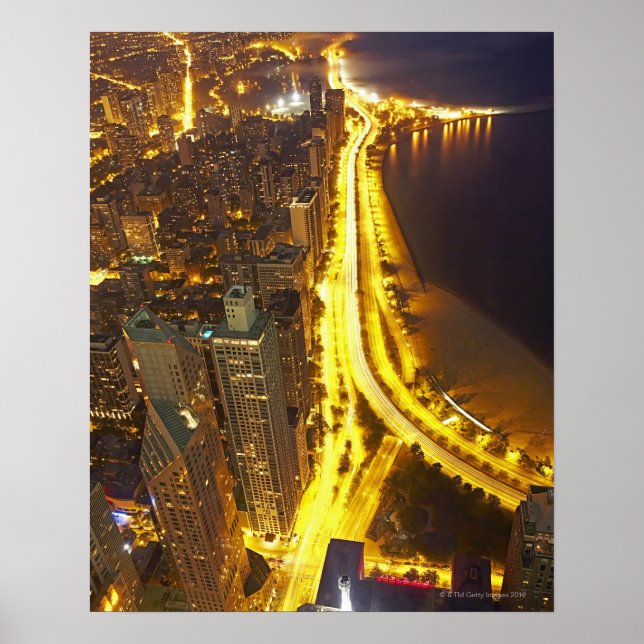 Poster USA, Illinois, vue aérienne de Chicago à la tombée (Devant)