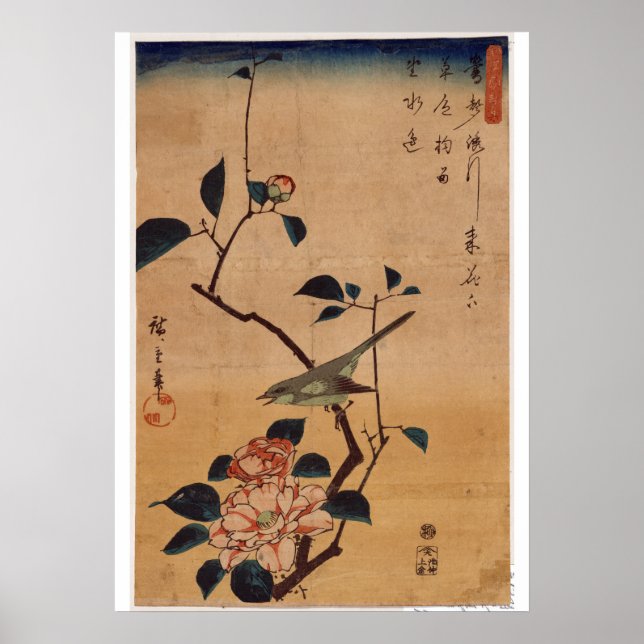 Poster Utagawa Hiroshige, Camellia et Bush Warbler, 1844 (Devant)