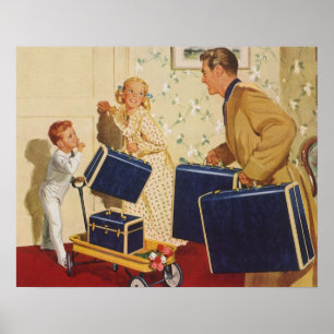 Poster Vacances vintage, papa, Enfants et Valises