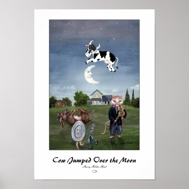Poster Vache a sauté par-dessus l'impression de la Lune (Devant)