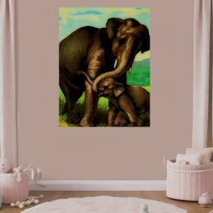 Poster Vache d'éléphant vintage avec son veau