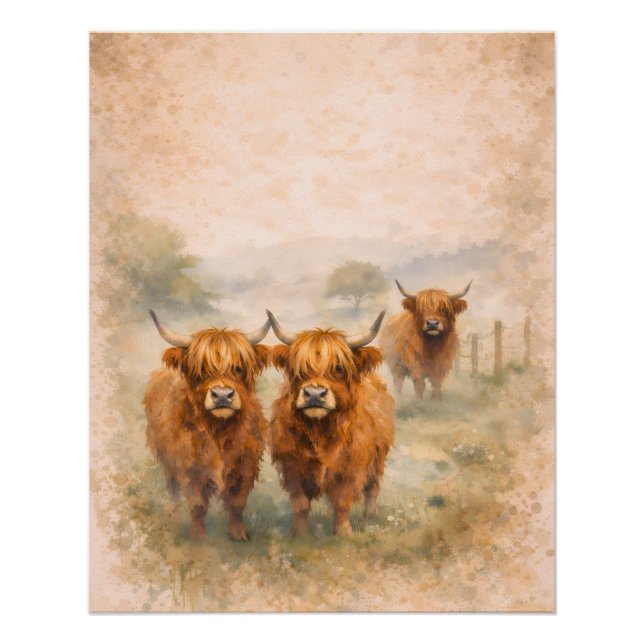 Poster Vache des Highlands - Animaux à l'aquarelle (Devant)
