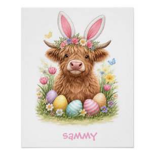 Poster Vache des Highlands mignonne avec oreilles de lapi