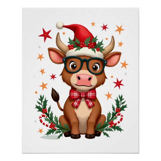 Poster Vache des Highlands mignonne Chapeau de Père Noël  (Devant)
