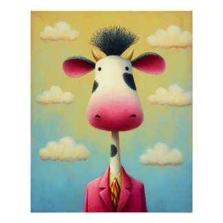 Poster Vache en costume rose chic avec cravate - Cartoon