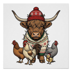 Poster Vache Highland et poulets de Noël Gravure vintage