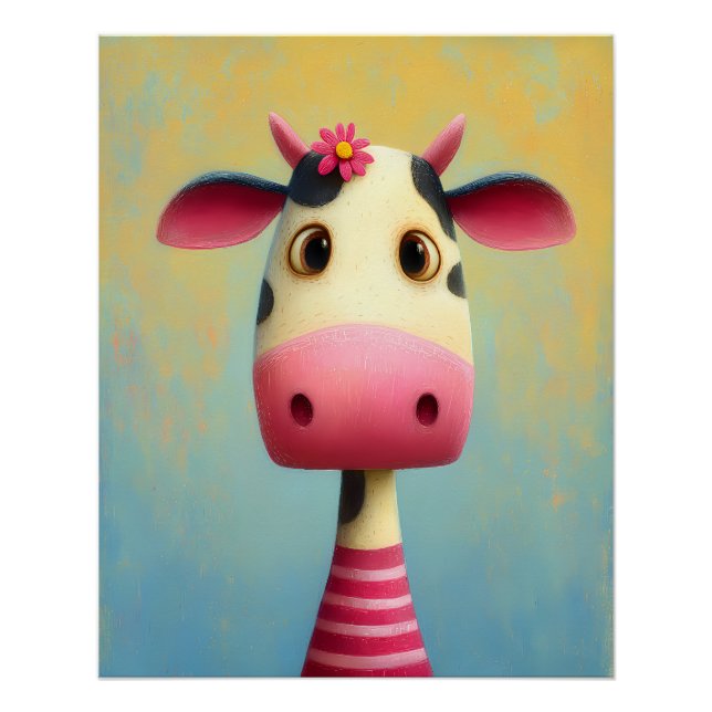 Poster Vache portrait avec fleurs - rayé rose - dessin an (Devant)