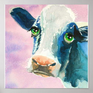 Poster Vache visage avec yeux verts aquarelle peinture