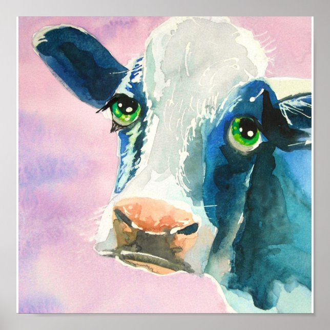 Poster Vache visage avec yeux verts aquarelle peinture (Devant)