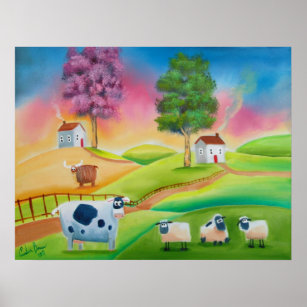 Poster Vaches de mouton mignonnes art populaire peinture 