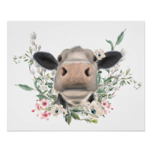 Poster vaches nez baiser fleurs aquarelle gris animal de