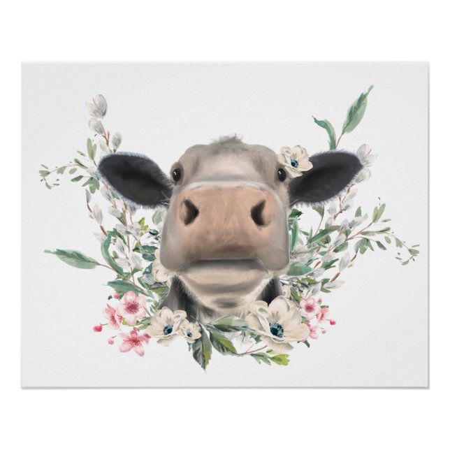 Poster vaches nez baiser fleurs aquarelle gris animal de  (Devant)