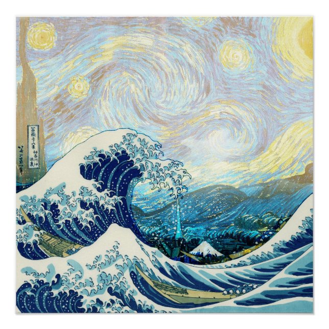 POSTER VAGUE DE KANAGAWA DANS FOND DE NUIT ÉTOILÉE (Devant)