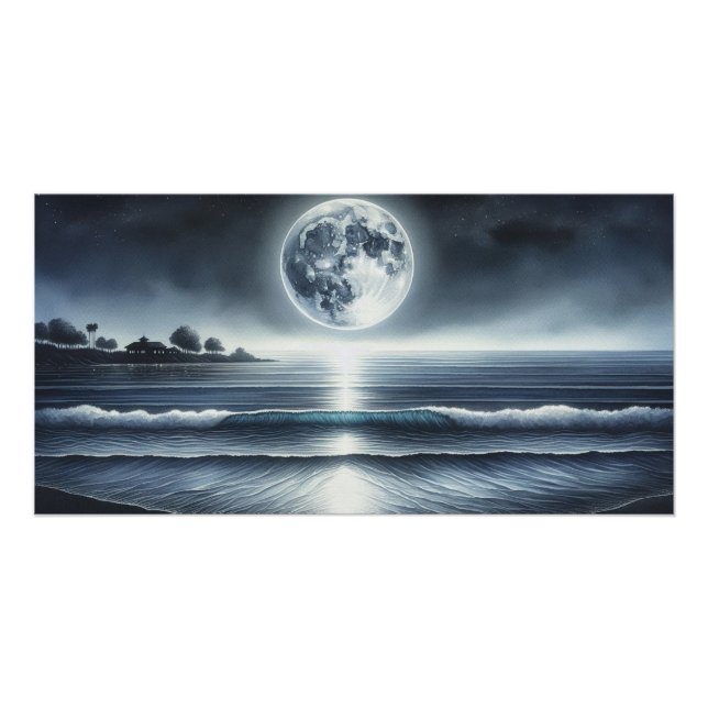 Poster Vagues océaniques éclairées par la lune et ciel no (Devant)