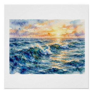 Poster Vagues océaniques ensoleillées,