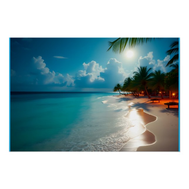Poster Vagues tropicales Plage ciel bleu nuageux (Devant)