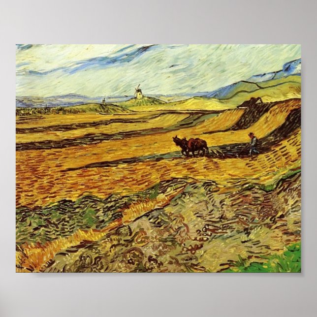 Poster Van Gogh - Field and Plowman and Mill (Devant)