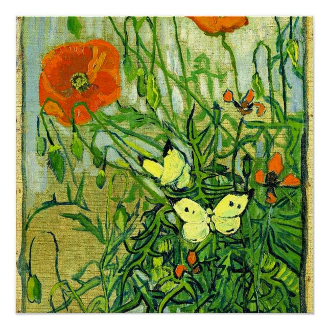 Poster Van Gogh - Papillons et pavots (Devant)