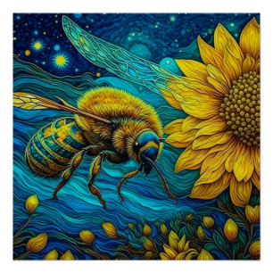 Poster Van Gogh Style Bee & Sunflower