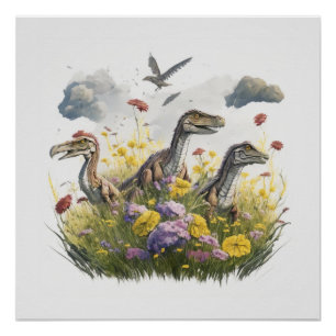 Poster Velociraptors dans une prairie