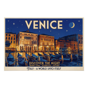 Poster Venise la nuit Grand Canal Gondoles Art