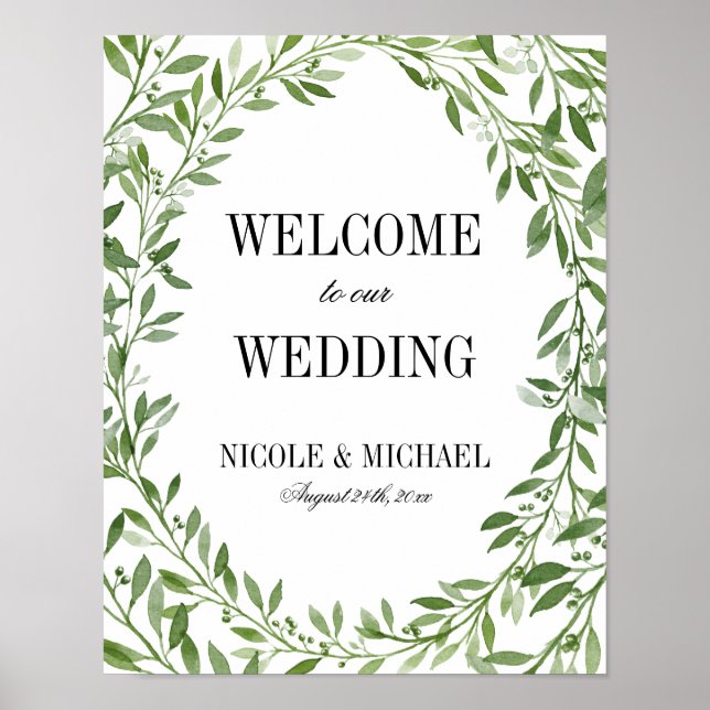 Poster Verdure Aquarelle Feuille Mariage de couronnes Bie (Devant)
