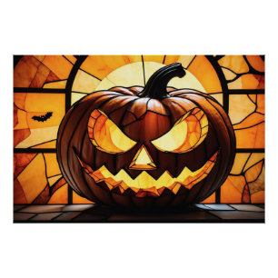 Poster Verre coloré Citrouille d'Halloween effrayante Jac
