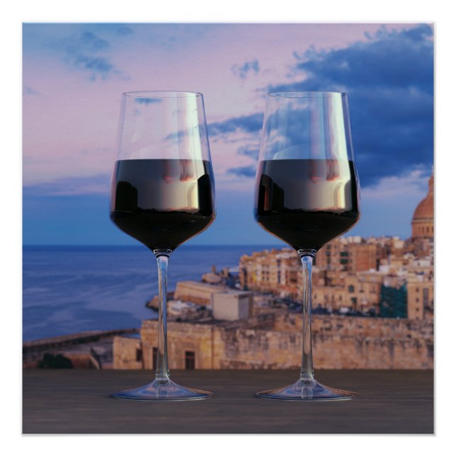 Poster Verres à vin avec vue sur le coucher de soleil sur (Devant)