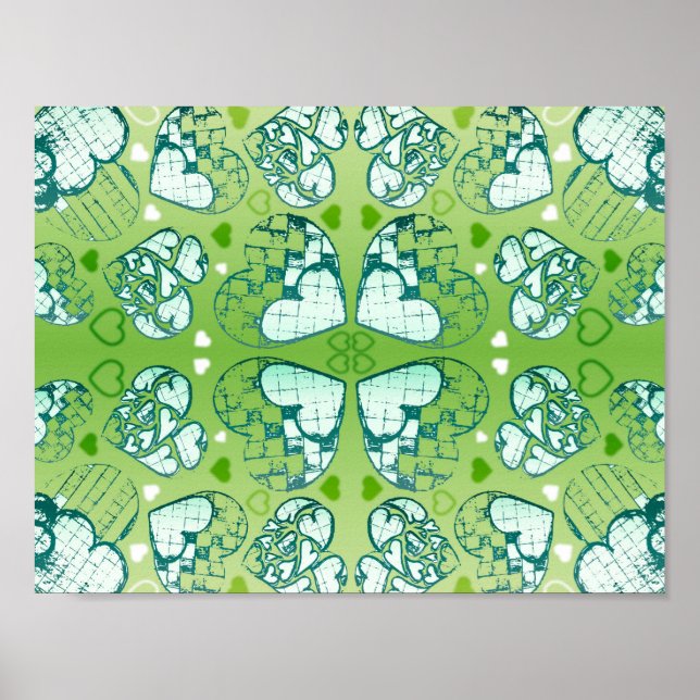 Poster Vert et blanc Whimsical Romantique Coeurs motif (Devant)