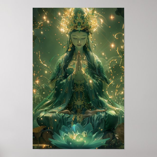 Poster vert Guan Yin - Oeuvre bouddhiste sereine (Devant)
