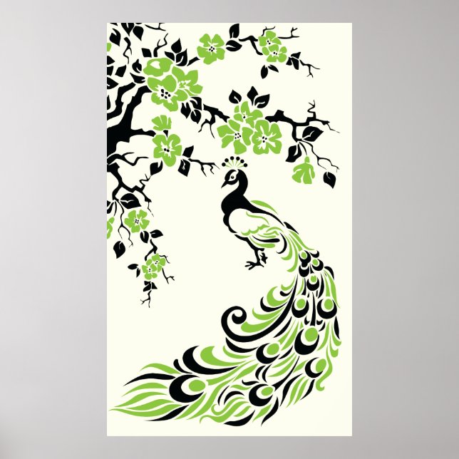 Poster vert noir paon et fleurs de cerisiers (Devant)