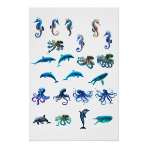 Poster Vibrant Digital Collage of Sea Creatures in a Colo