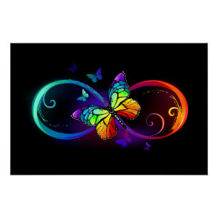 Poster Vibrant infinity with rainbow butterfly on black