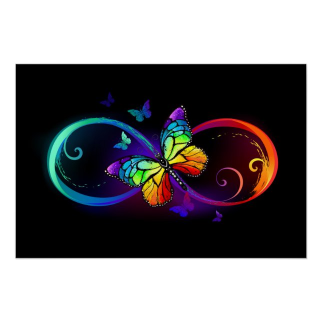 Poster Vibrant infinity with rainbow butterfly on black (Devant)