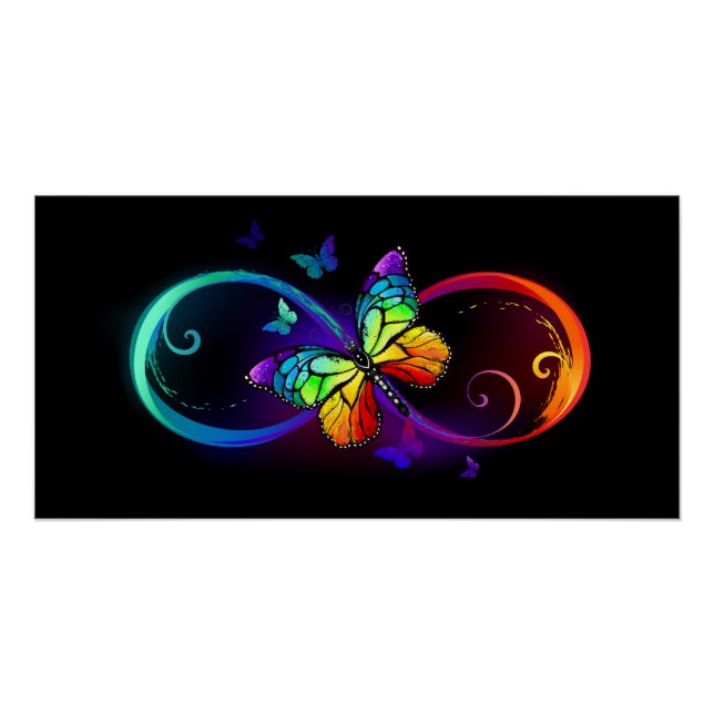 Poster Vibrant infinity with rainbow butterfly on black (Devant)
