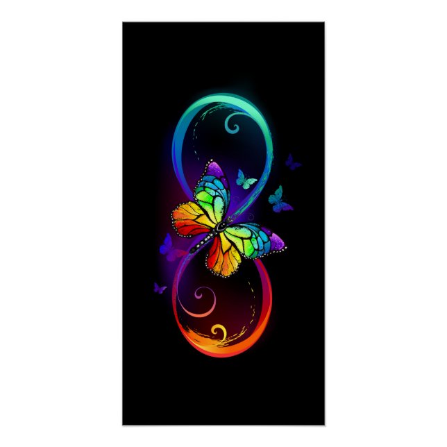 Poster Vibrant infinity with rainbow butterfly on black (Devant)