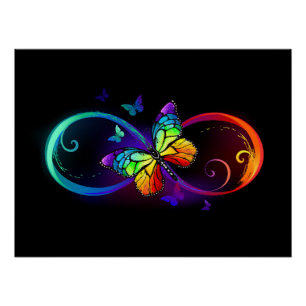 Poster Vibrant infinity with rainbow butterfly on black