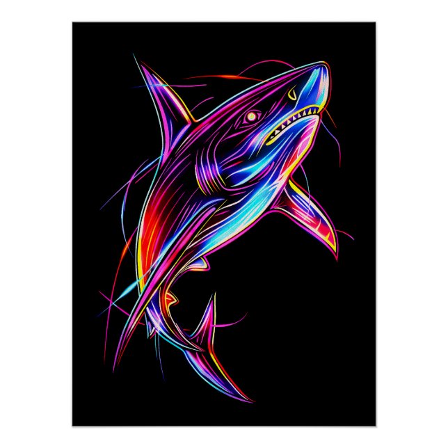 Poster Vibrant Neon Shark Modern Digital Ocean (Devant)