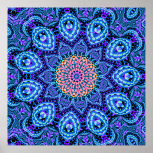 Poster Vibrations de fleurs bleues ornées Kaleidoscope Ar