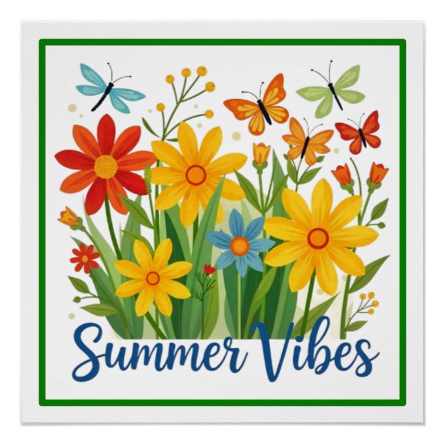 Poster Vibrations d'été Floral avec Papillons (Devant)