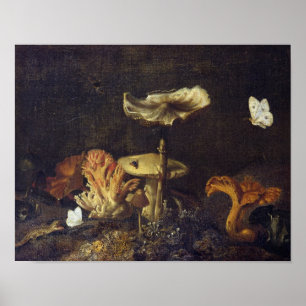 Poster Vie morte avec des champignons et des papillons