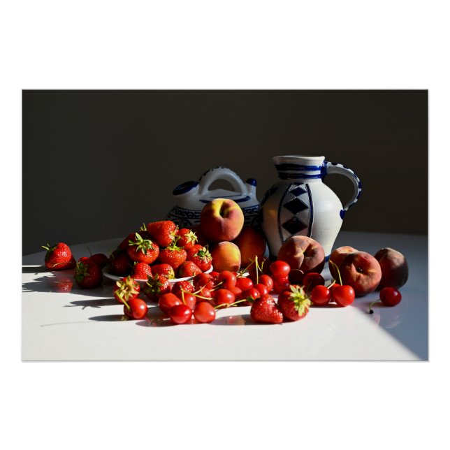 Poster Vie morte avec fraises, pêches et cerises (Devant)