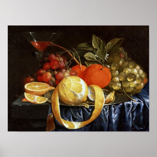 Poster Vie morte de raisins, d'oranges et d'un citron pel (Devant)
